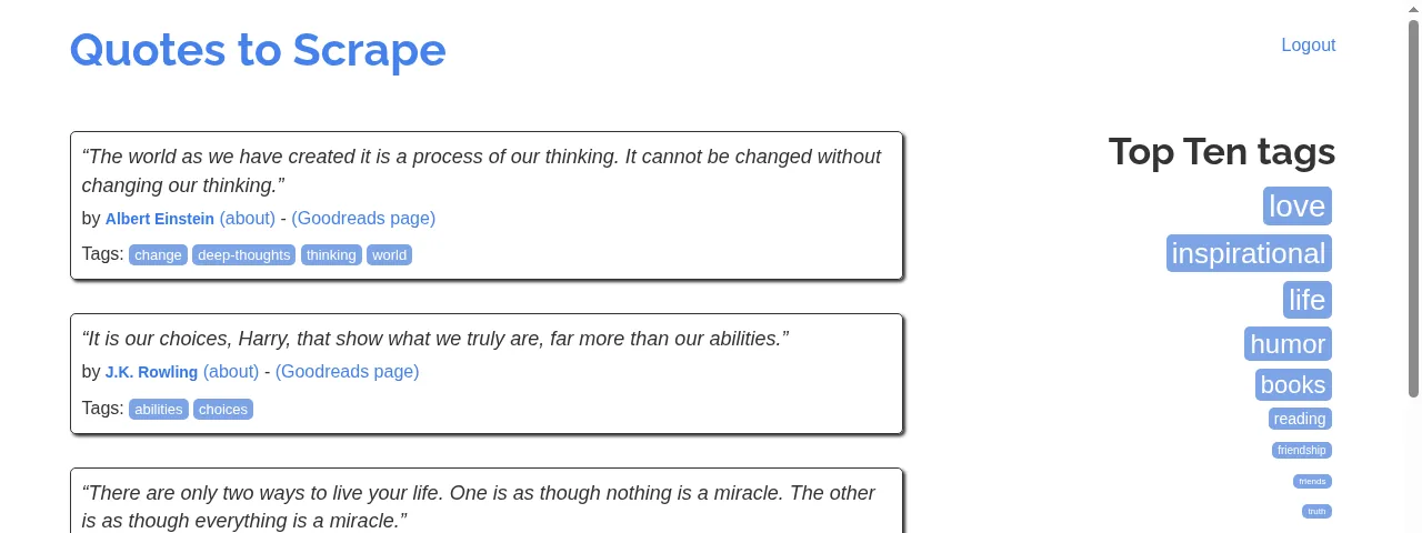 Screenshot of Quotes to Scrape after logging in, with a Logout link at the top right and Goodreads page links next to each author that only signed-in visitors get