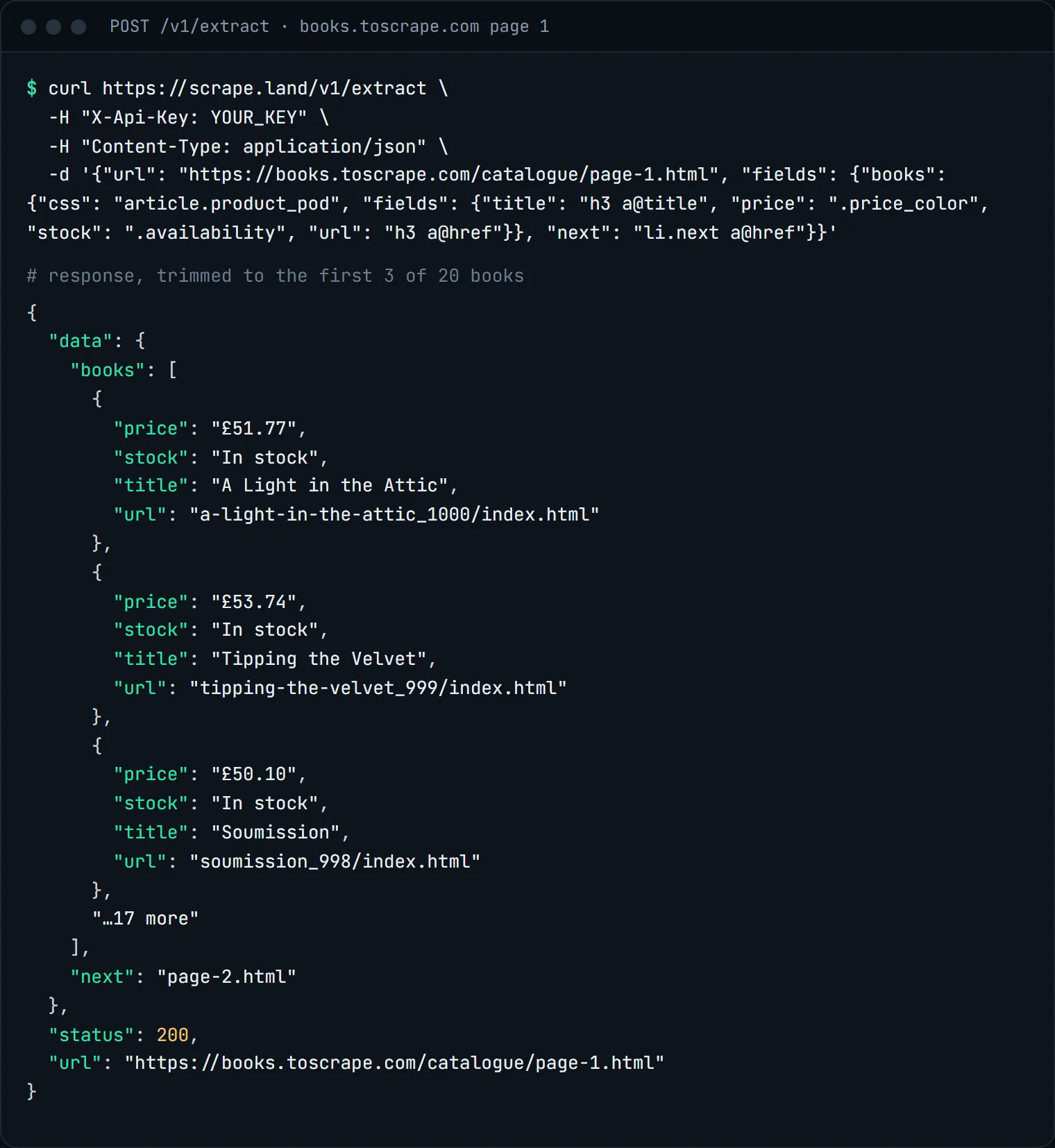 Terminal showing the curl request to /v1/extract and the JSON response with three books, their prices, stock and URLs, plus the next field set to page-2.html