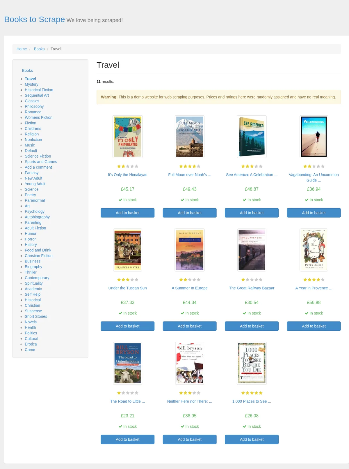 Full-page screenshot of the Books to Scrape Travel category, showing eleven books in three rows with covers, star ratings, prices and Add to basket buttons